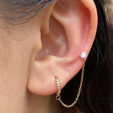 DAIIIBABYYY  -  1Piece Stainless Steel Crystal CZ Two Ear Hole Piercing Studs Earrings for Men/Women Long Tassel Hoop Earrings  Kpop Jewelry